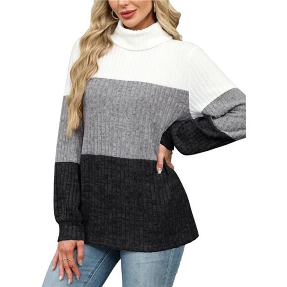 Oversized Boho Color Block Turtleneck Sweater | Cozy Fall Tunic Top for Women - Picture 3 of 5